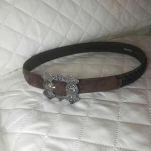 Vtg,Rodier Brown Suede/Leather Womans Belt with large Metal Buckle Size 34 1/2.